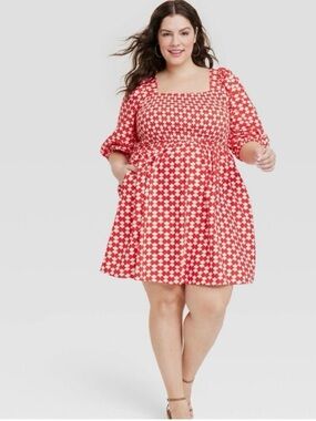 Ava & Viv Red Patterned Smocked Square-Neck Mini Dress